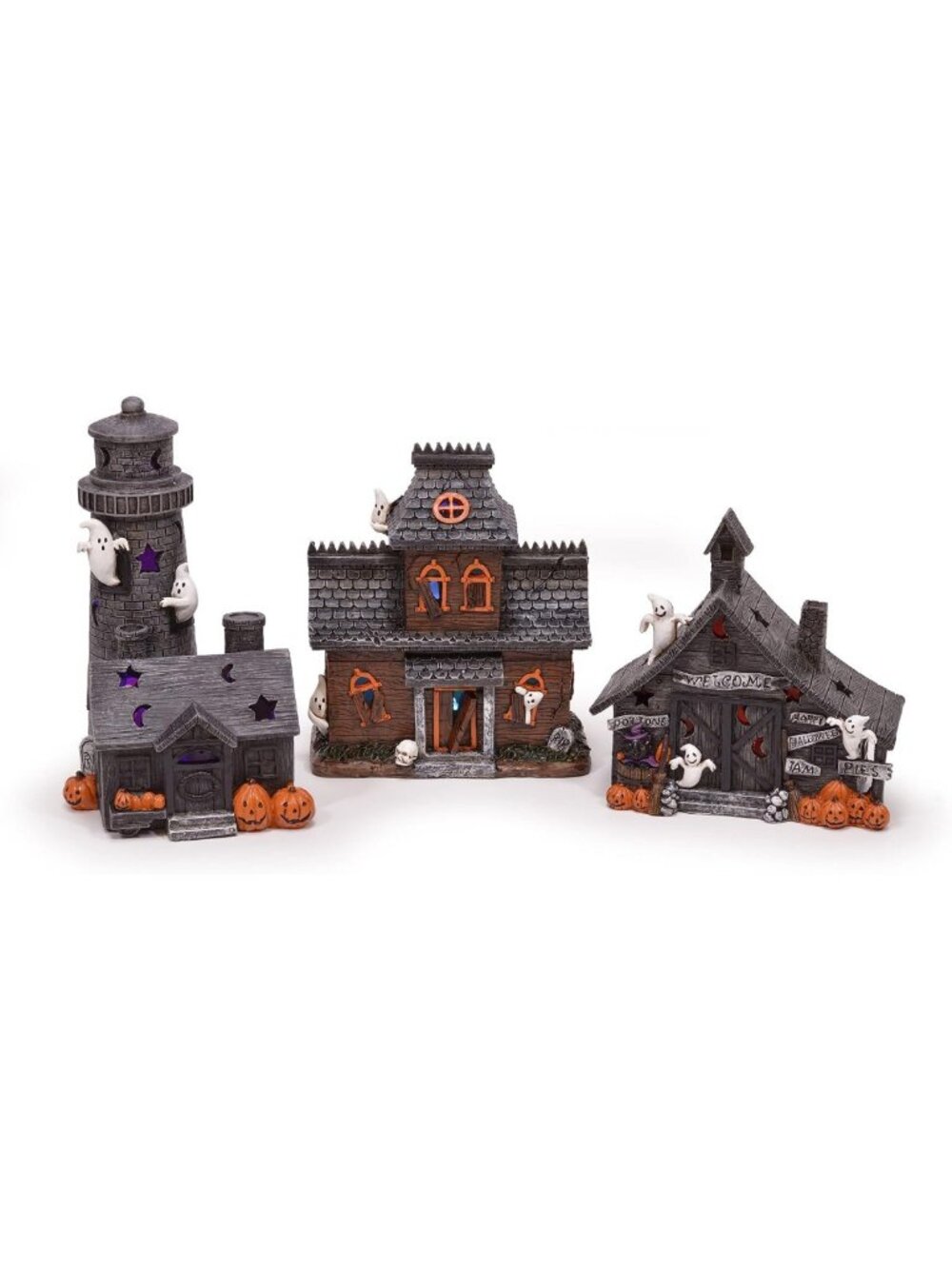 Halloween LED Haunted House Village Set of 3 - 8" Spooky Decor for Home